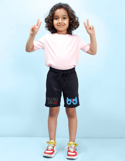 Nusyl Boys Black Super Hero Text Printed Shorts