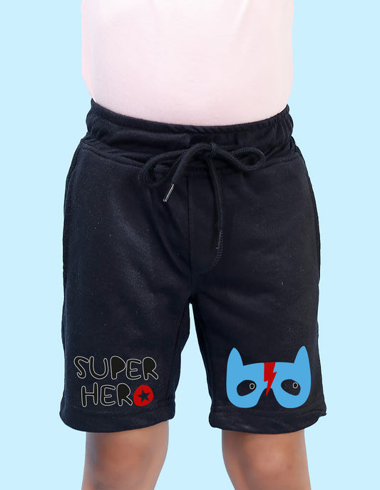 Nusyl Boys Black Super Hero Text Printed Shorts