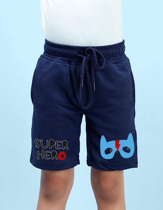 Nusyl Boys Navy Blue Super Hero Text Printed Shorts
