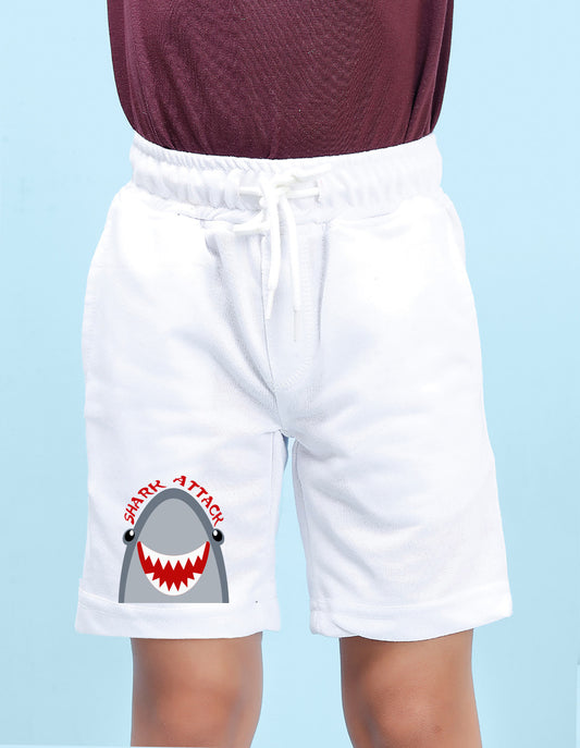 Nusyl Boys White Shark Attack Text Printed Shorts