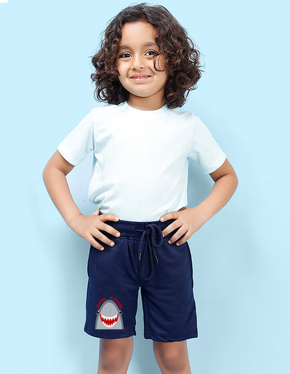 Nusyl Boys Navy Blue Shark Attack Text Printed Shorts