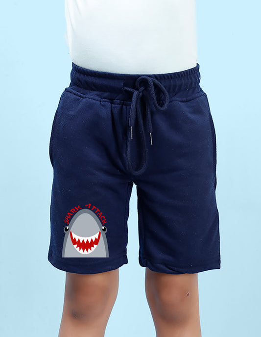 Nusyl Boys Navy Blue Shark Attack Text Printed Shorts