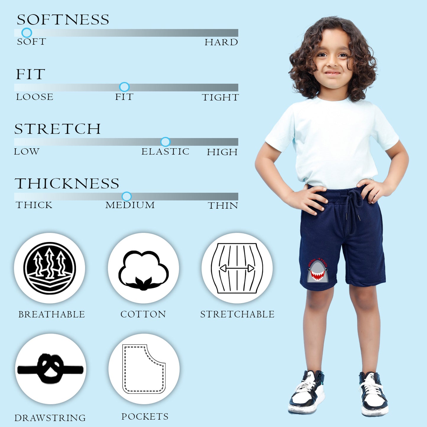 Nusyl Boys Navy Blue Shark Attack Text Printed Shorts