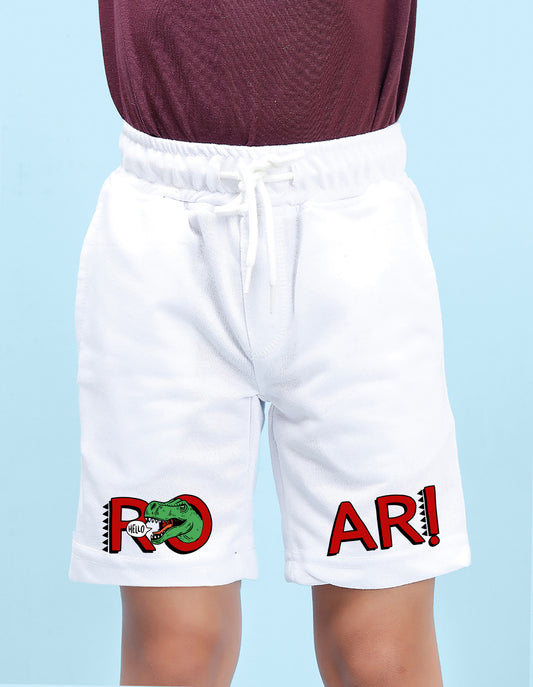 Nusyl Boys White Roar Text Printed Shorts