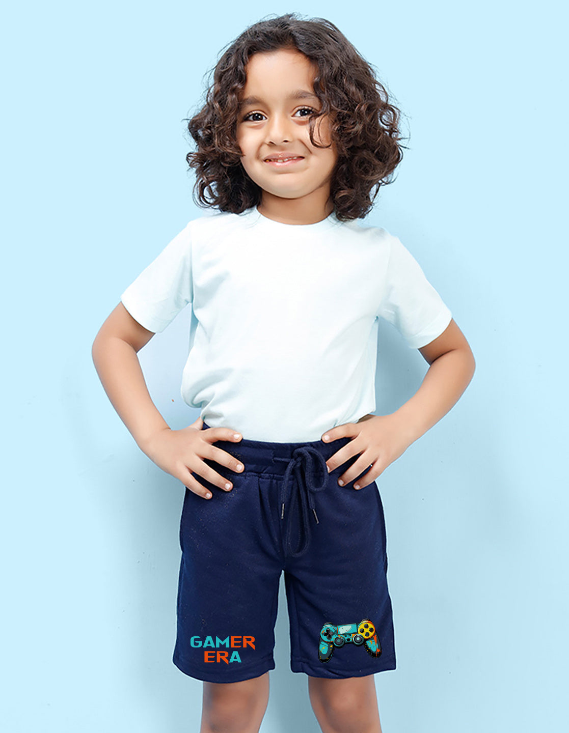 Nusyl Boys Navy Blue Gamerrera Text Printed Shorts