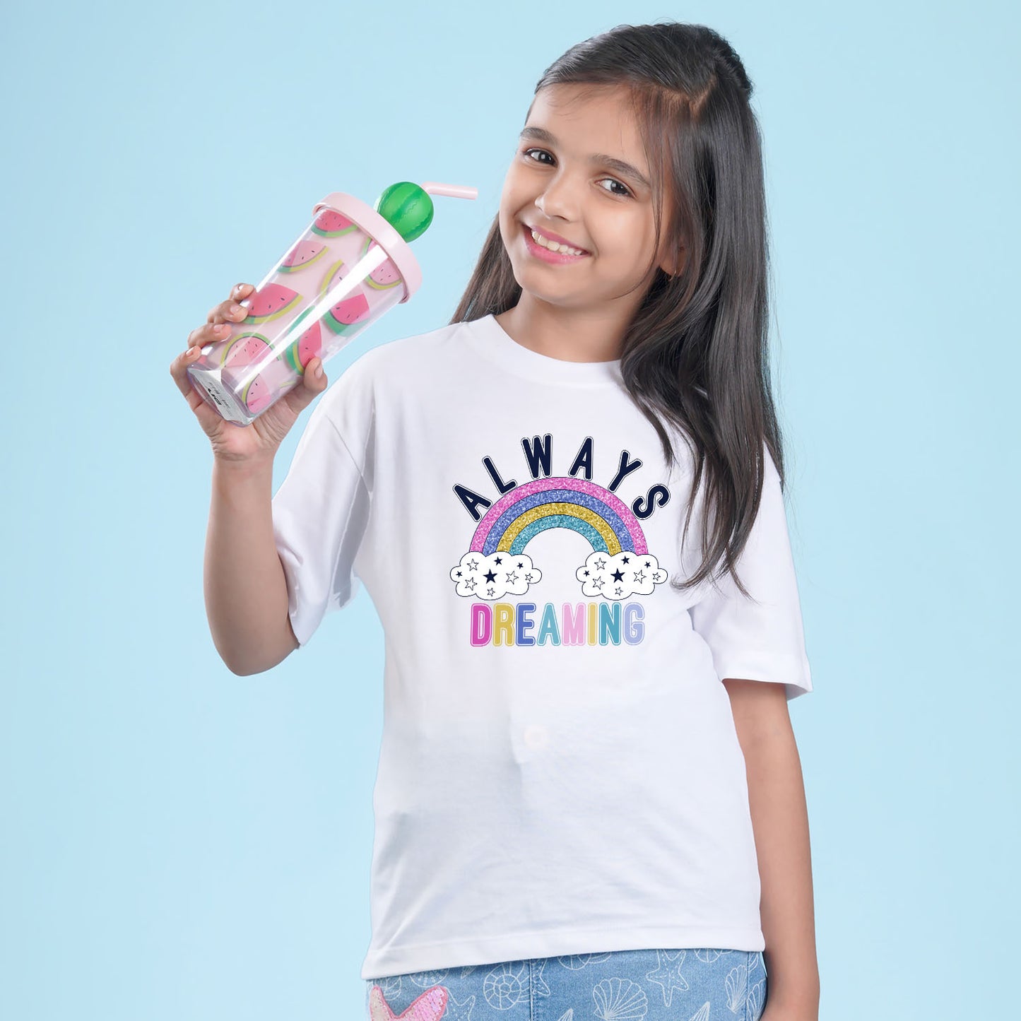 Nusyl Girls White Printed Oversized T-shirt