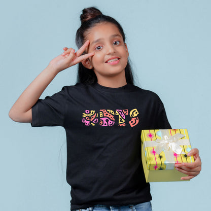 Nusyl Girls Black Printed Oversized T-shirt