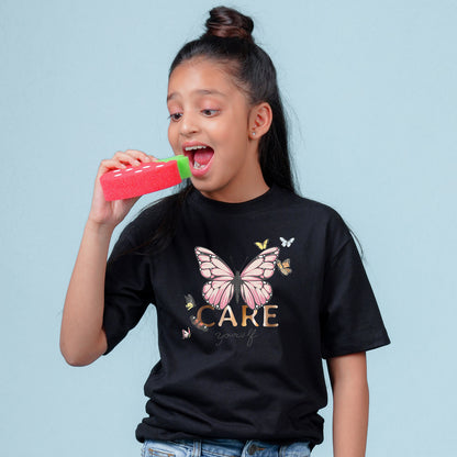 Nusyl Girls Black Printed Oversized T-shirt