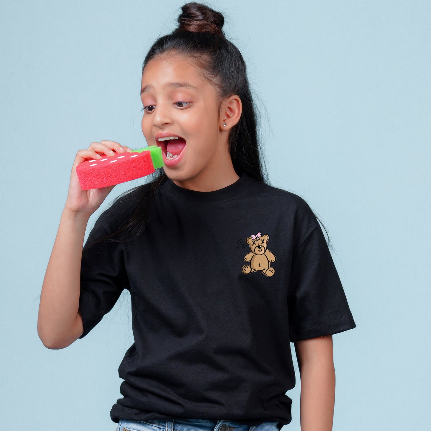 Nusyl Girls Black Printed Oversized T-shirt