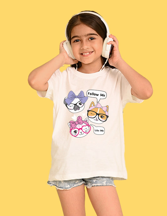 Nusyl Girl's White Cute Cat & Text Printed Cotton blend Half Sleeve Drop Shoulder Oversized T-Shirt