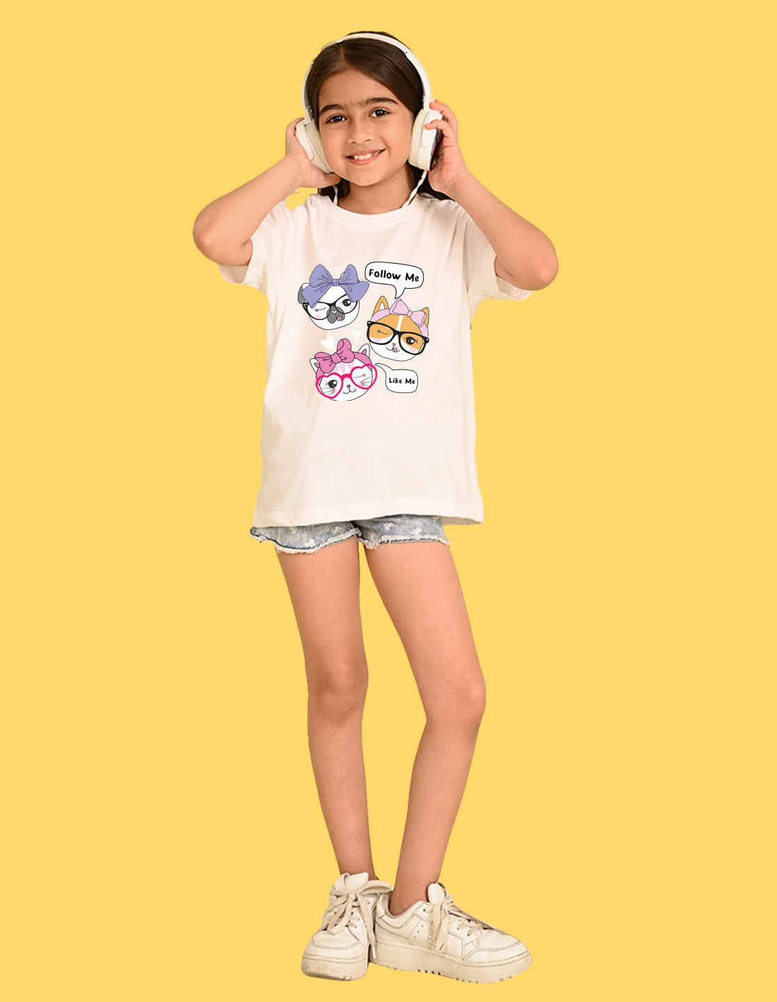 Nusyl Girl's White Cute Cat & Text Printed Cotton blend Half Sleeve Drop Shoulder Oversized T-Shirt