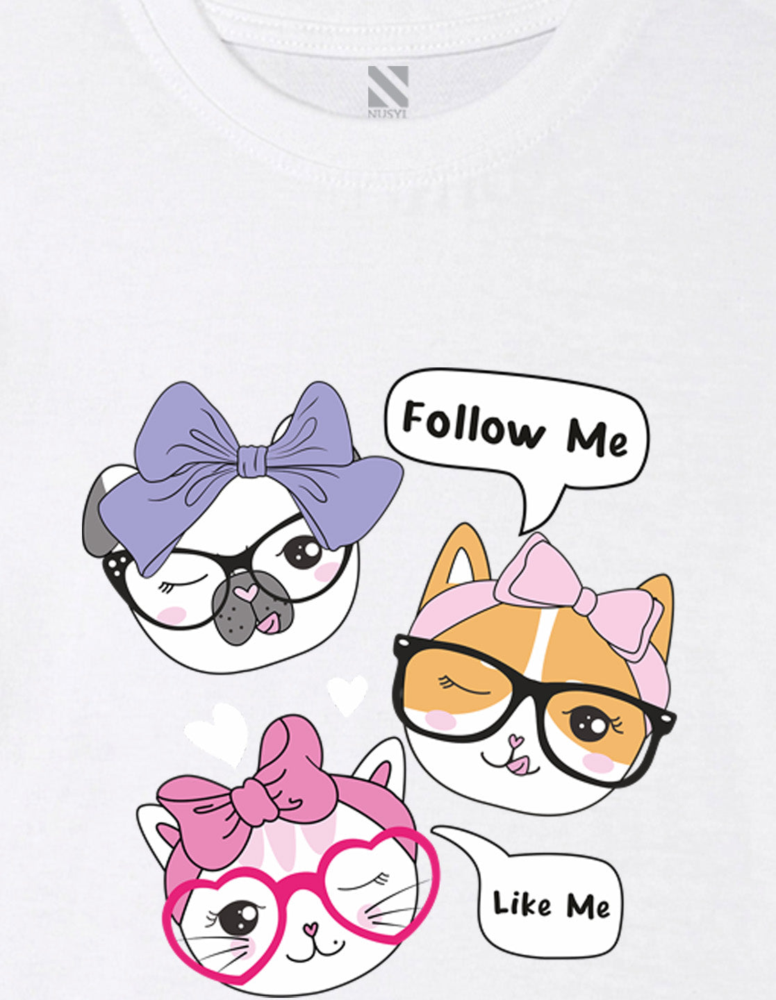 Nusyl Girl's White Cute Cat & Text Printed Cotton blend Half Sleeve Drop Shoulder Oversized T-Shirt