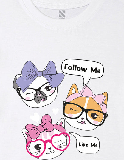 Nusyl Girl's White Cute Cat & Text Printed Cotton blend Half Sleeve Drop Shoulder Oversized T-Shirt