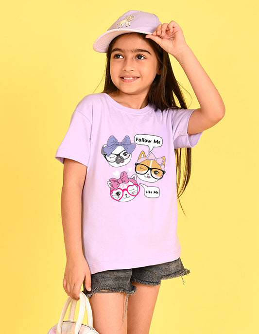 Nusyl Girl's Lilac Cute Cat & Text Printed Cotton blend Half Sleeve Drop Shoulder Oversized T-Shirt
