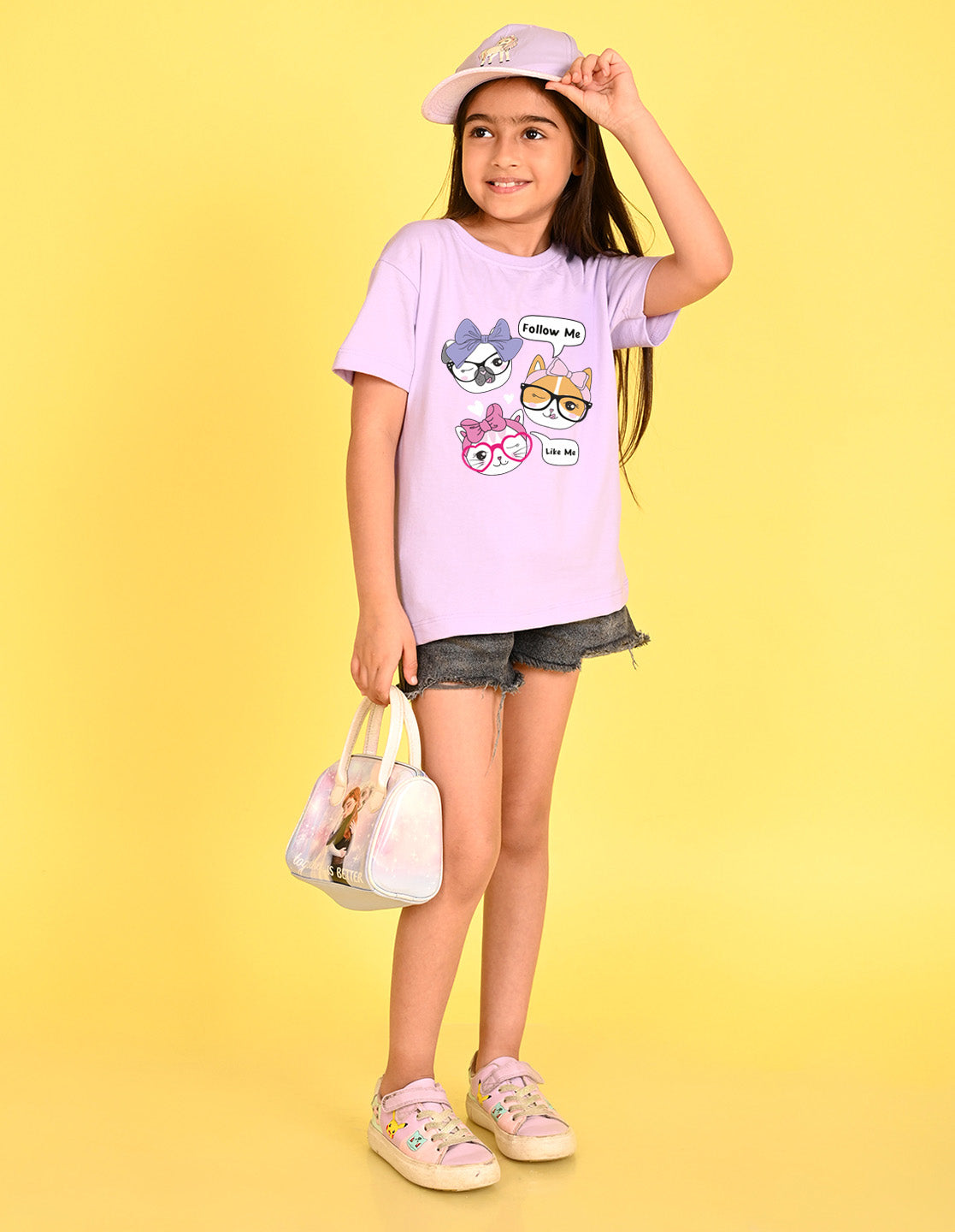 Nusyl Girl's Lilac Cute Cat & Text Printed Cotton blend Half Sleeve Drop Shoulder Oversized T-Shirt