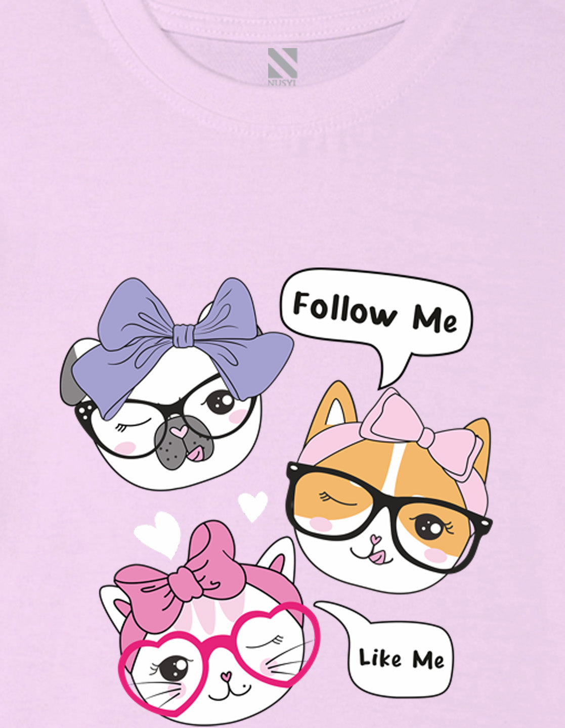 Nusyl Girl's Lilac Cute Cat & Text Printed Cotton blend Half Sleeve Drop Shoulder Oversized T-Shirt