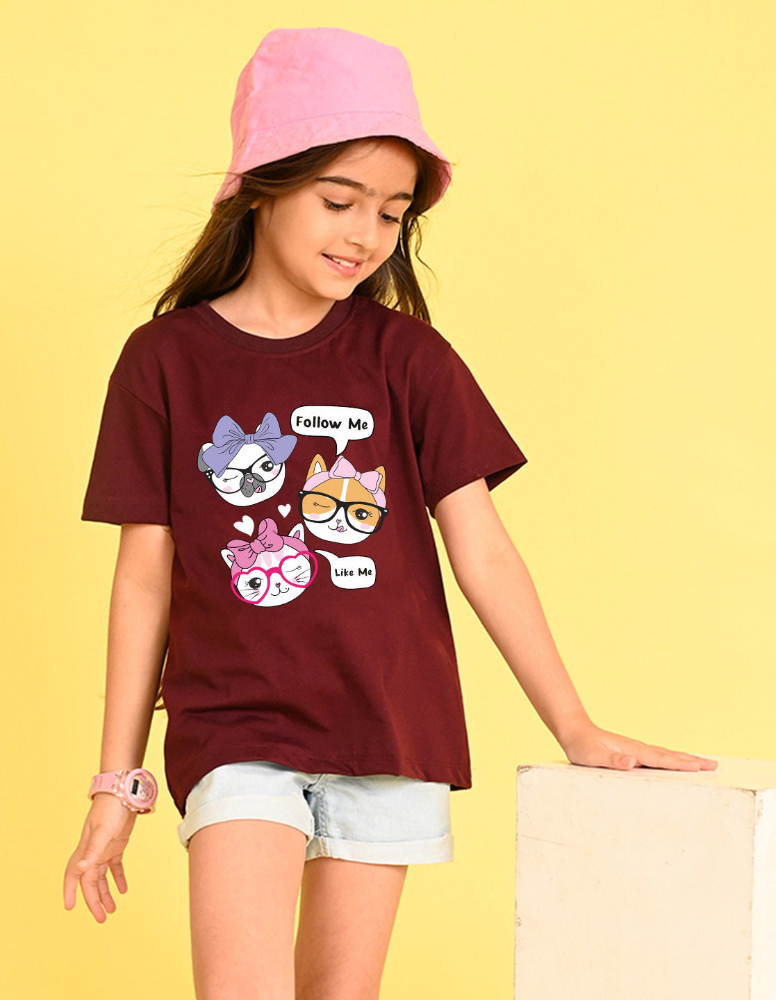 Nusyl Girl's Wine Cute Cat & Text Printed Cotton blend Half Sleeve Drop Shoulder Oversized T-Shirt