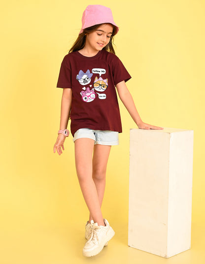 Nusyl Girl's Wine Cute Cat & Text Printed Cotton blend Half Sleeve Drop Shoulder Oversized T-Shirt