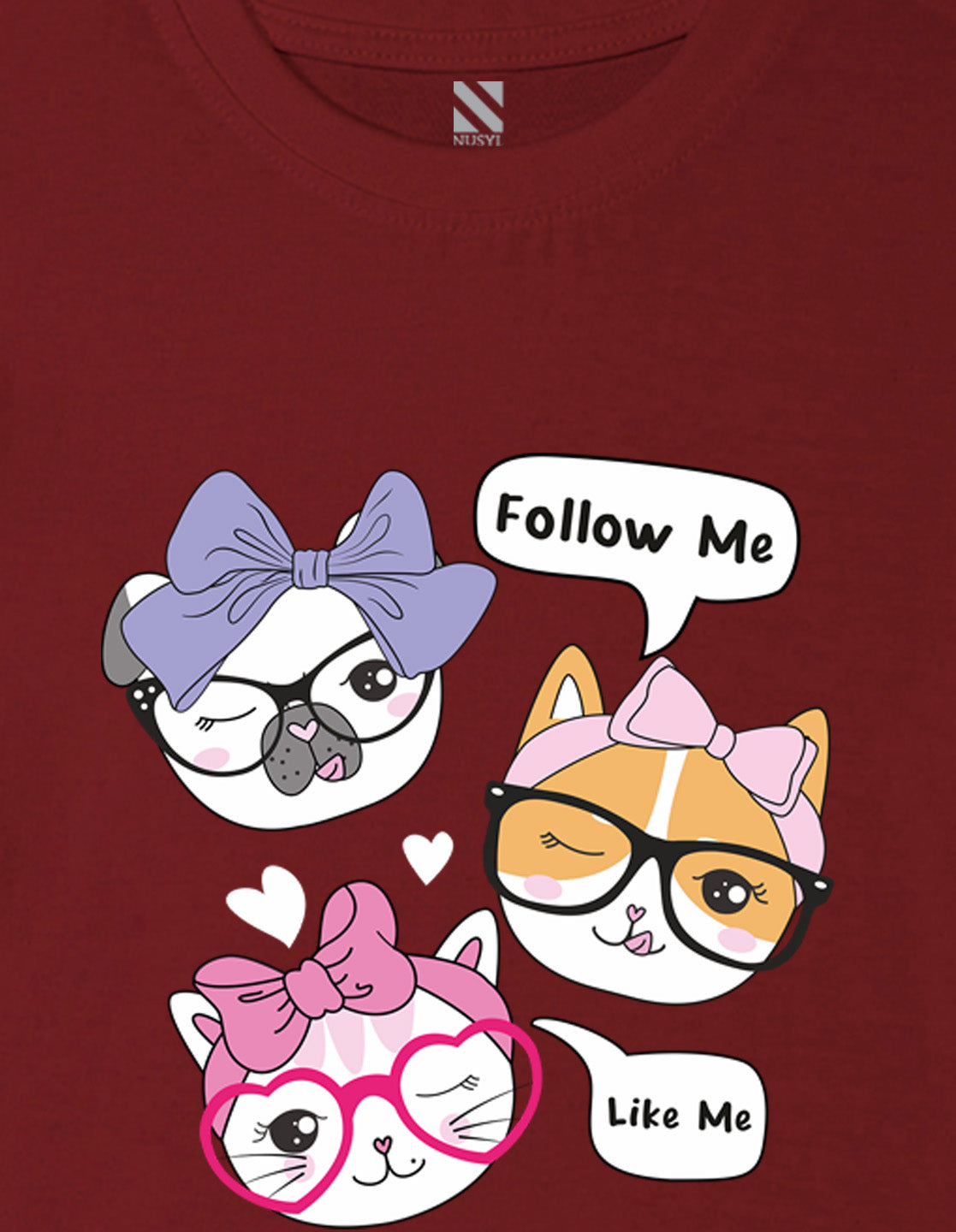 Nusyl Girl's Wine Cute Cat & Text Printed Cotton blend Half Sleeve Drop Shoulder Oversized T-Shirt