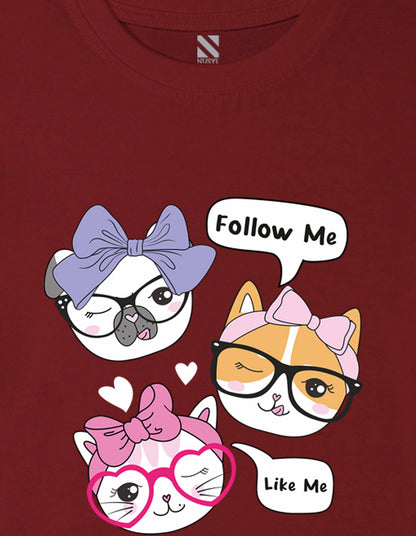 Nusyl Girl's Wine Cute Cat & Text Printed Cotton blend Half Sleeve Drop Shoulder Oversized T-Shirt