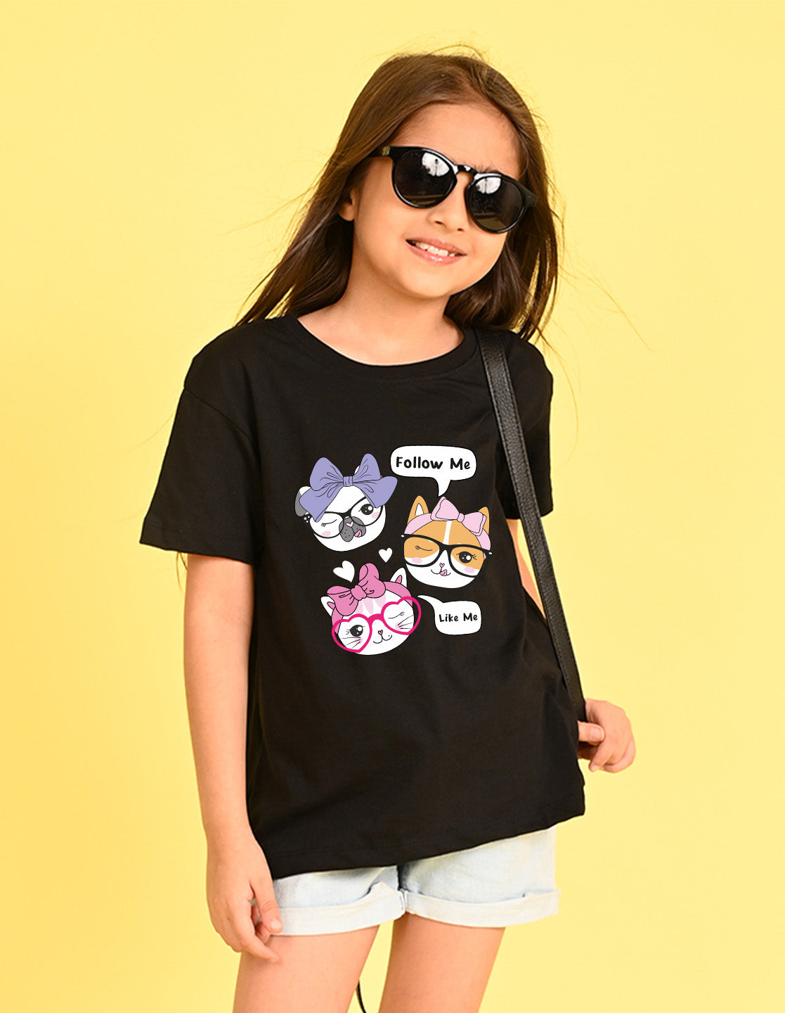 Nusyl Girl's Black Cute Cat & Text Printed Cotton blend Half Sleeve Drop Shoulder Oversized T-Shirt