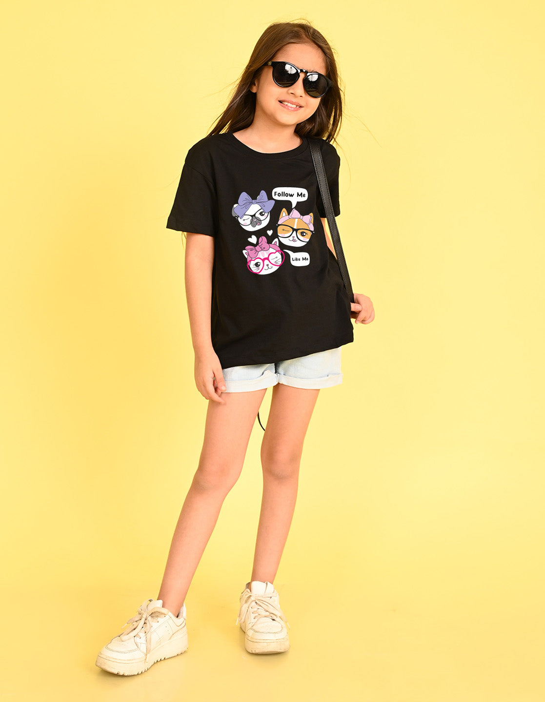 Nusyl Girl's Black Cute Cat & Text Printed Cotton blend Half Sleeve Drop Shoulder Oversized T-Shirt