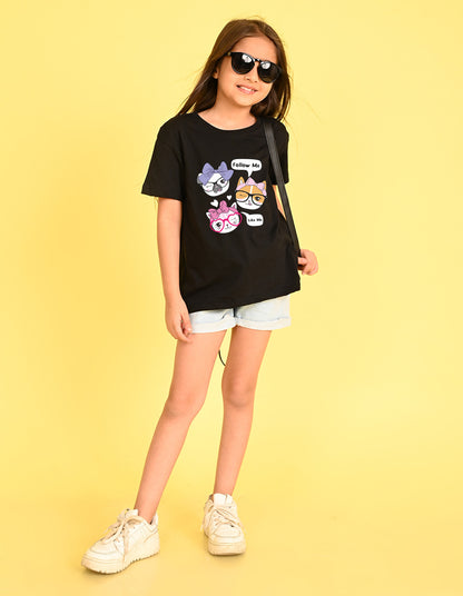 Nusyl Girl's Black Cute Cat & Text Printed Cotton blend Half Sleeve Drop Shoulder Oversized T-Shirt