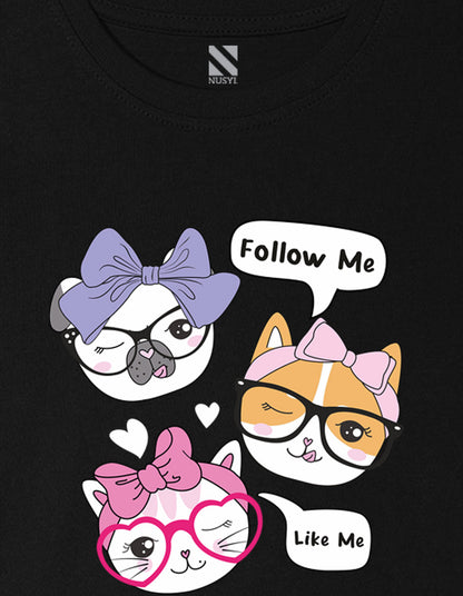 Nusyl Girl's Black Cute Cat & Text Printed Cotton blend Half Sleeve Drop Shoulder Oversized T-Shirt