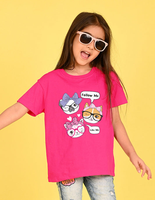 Nusyl Girl's Hot Pink Cute Cat & Text Printed Cotton blend Half Sleeve Drop Shoulder Oversized T-Shirt