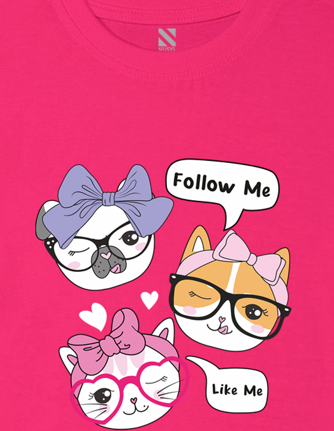 Nusyl Girl's Hot Pink Cute Cat & Text Printed Cotton blend Half Sleeve Drop Shoulder Oversized T-Shirt