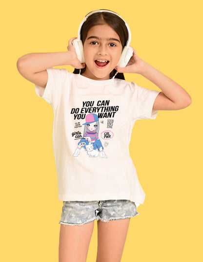 Nusyl Girl's White Cute Girl With Kitty Printed Cotton blend Half Sleeve Drop Shoulder Oversized T-Shirt