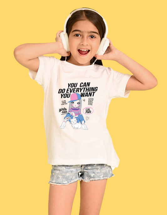 Nusyl Girl's White Cute Girl With Kitty Printed Cotton blend Half Sleeve Drop Shoulder Oversized T-Shirt