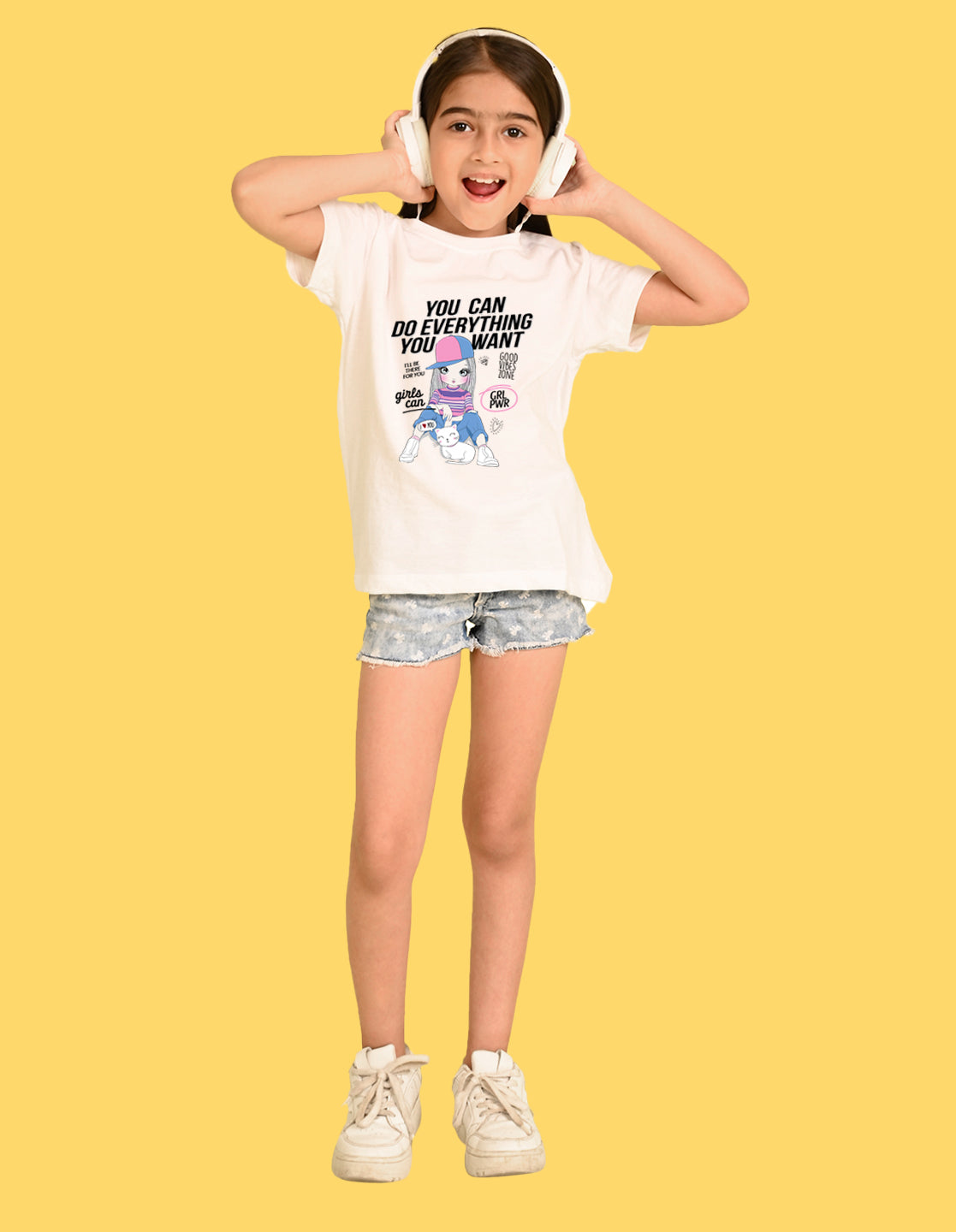 Nusyl Girl's White Cute Girl With Kitty Printed Cotton blend Half Sleeve Drop Shoulder Oversized T-Shirt