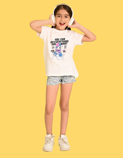 Nusyl Girl's White Cute Girl With Kitty Printed Cotton blend Half Sleeve Drop Shoulder Oversized T-Shirt