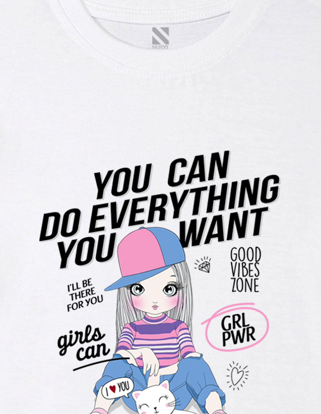 Nusyl Girl's White Cute Girl With Kitty Printed Cotton blend Half Sleeve Drop Shoulder Oversized T-Shirt