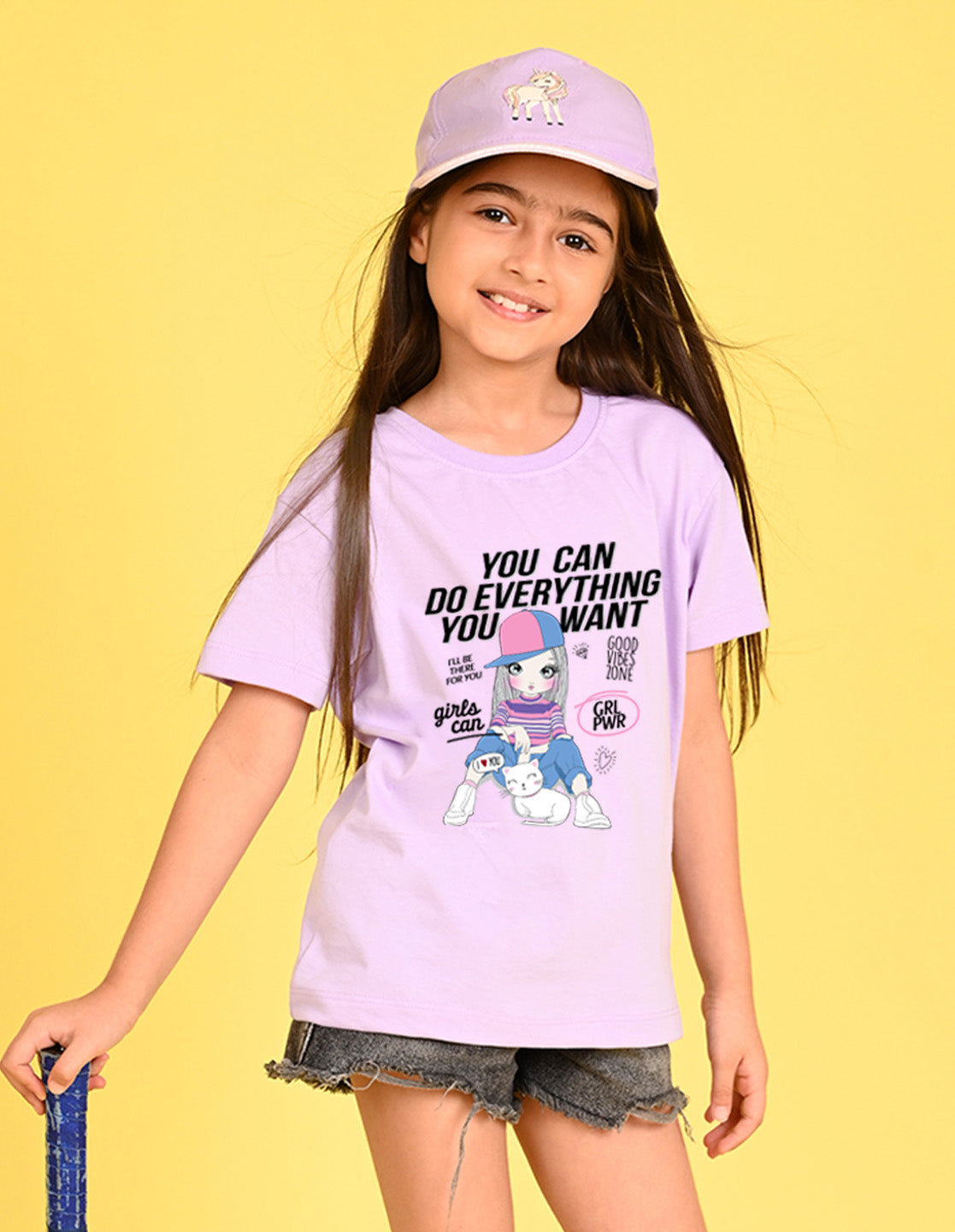 Nusyl Girl's Lilac Cute Girl With Kitty Printed Cotton blend Half Sleeve Drop Shoulder Oversized T-Shirt