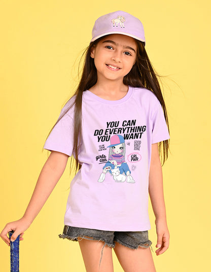 Nusyl Girl's Lilac Cute Girl With Kitty Printed Cotton blend Half Sleeve Drop Shoulder Oversized T-Shirt