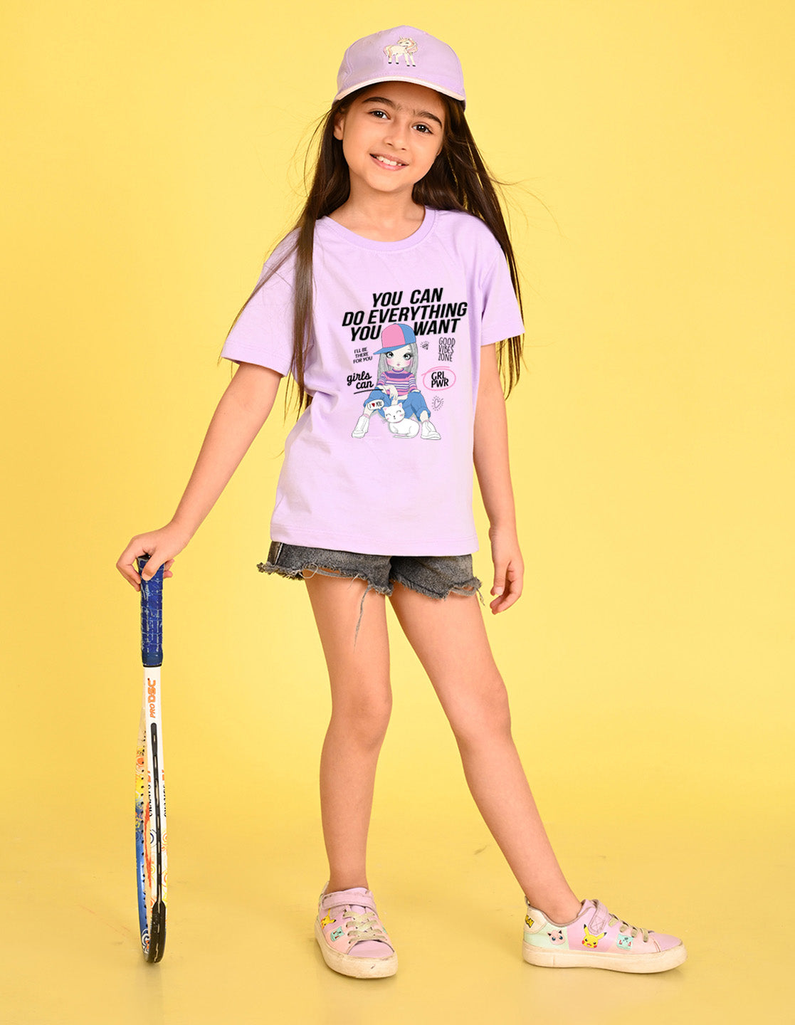 Nusyl Girl's Lilac Cute Girl With Kitty Printed Cotton blend Half Sleeve Drop Shoulder Oversized T-Shirt