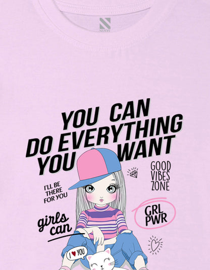 Nusyl Girl's Lilac Cute Girl With Kitty Printed Cotton blend Half Sleeve Drop Shoulder Oversized T-Shirt