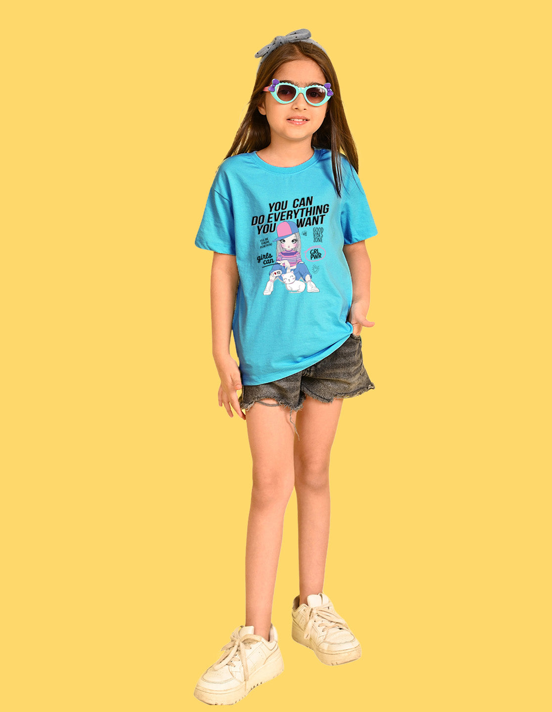 Nusyl Girl's Sky Blue Cute Girl With Kitty Printed Cotton blend Half Sleeve Drop Shoulder Oversized T-Shirt