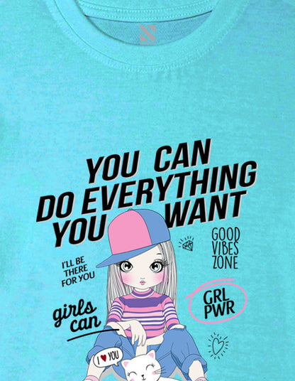 Nusyl Girl's Sky Blue Cute Girl With Kitty Printed Cotton blend Half Sleeve Drop Shoulder Oversized T-Shirt