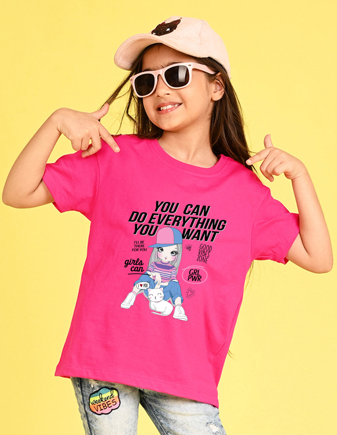 Nusyl Girl's Hot Pink Cute Girl With Kitty Printed Cotton blend Half Sleeve Drop Shoulder Oversized T-Shirt