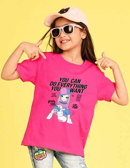 Nusyl Girl's Hot Pink Cute Girl With Kitty Printed Cotton blend Half Sleeve Drop Shoulder Oversized T-Shirt