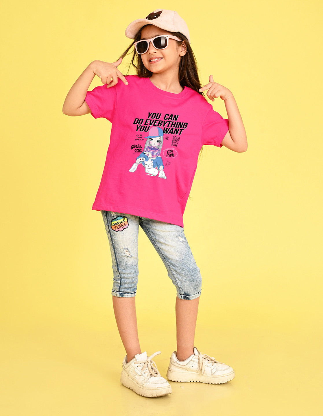 Nusyl Girl's Hot Pink Cute Girl With Kitty Printed Cotton blend Half Sleeve Drop Shoulder Oversized T-Shirt