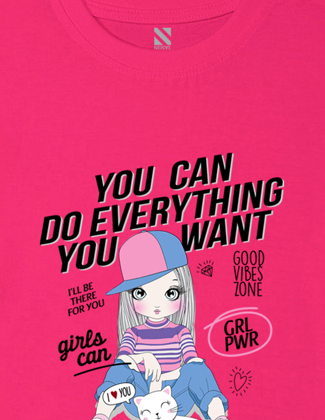 Nusyl Girl's Hot Pink Cute Girl With Kitty Printed Cotton blend Half Sleeve Drop Shoulder Oversized T-Shirt