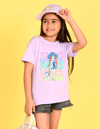 Nusyl Girl's Lilac Cute Girl With Pug Printed Cotton blend Half Sleeve Drop Shoulder Oversized T-Shirt