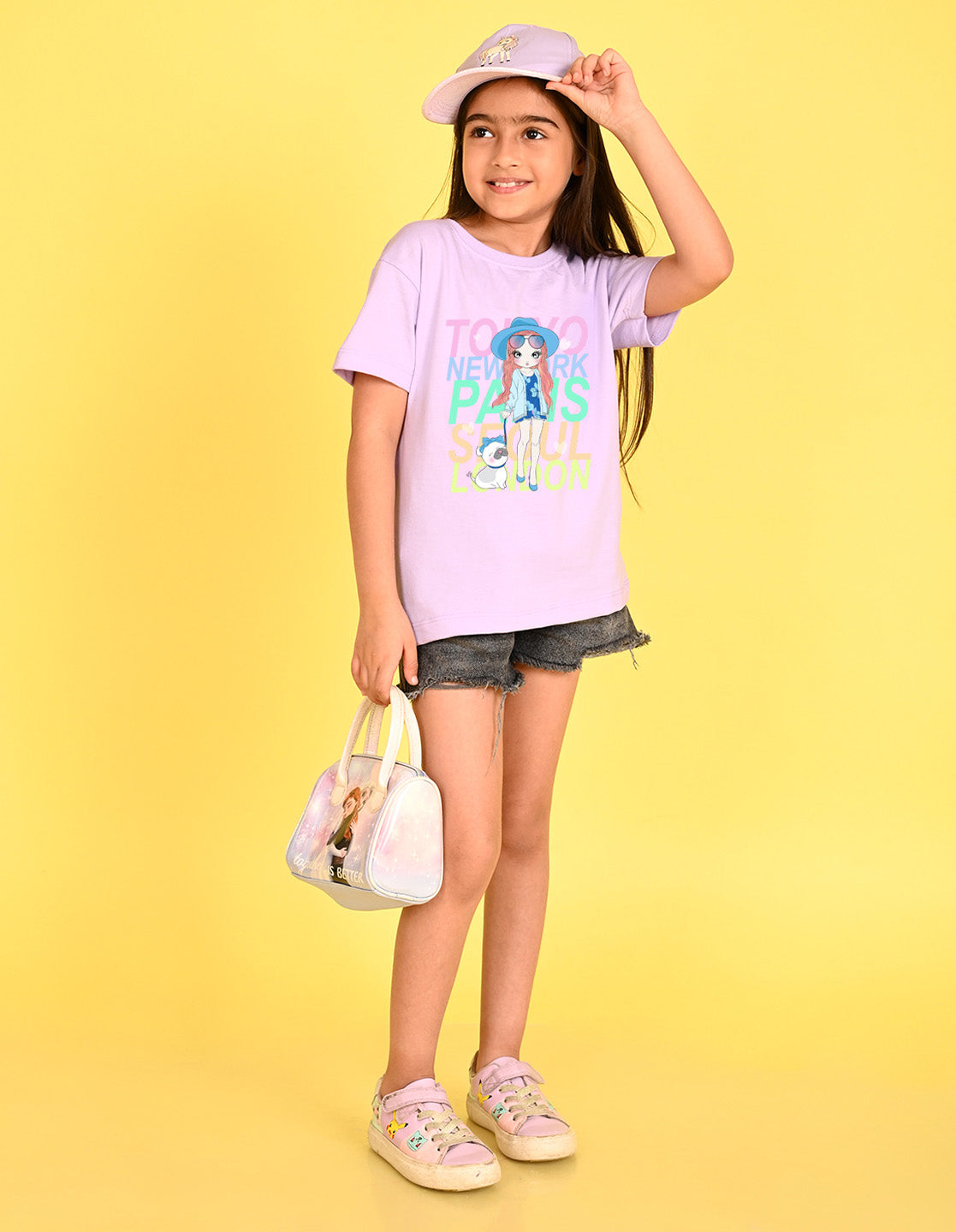 Nusyl Girl's Lilac Cute Girl With Pug Printed Cotton blend Half Sleeve Drop Shoulder Oversized T-Shirt