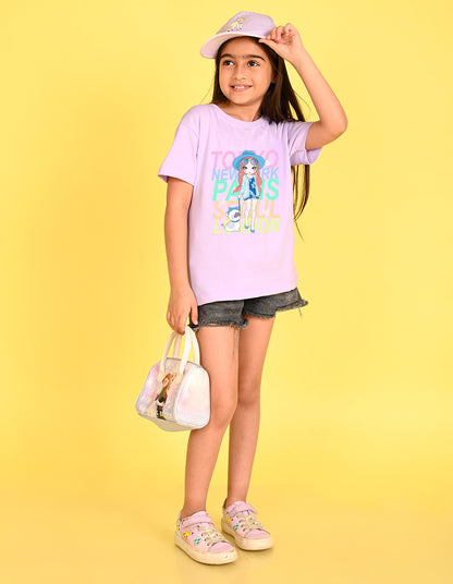 Nusyl Girl's Lilac Cute Girl With Pug Printed Cotton blend Half Sleeve Drop Shoulder Oversized T-Shirt