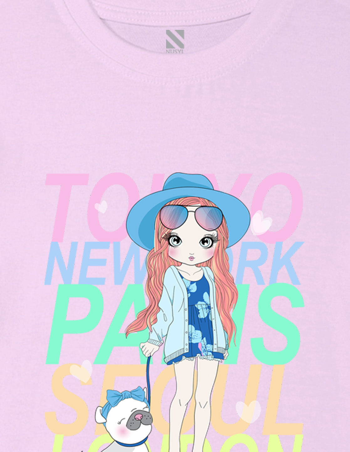 Nusyl Girl's Lilac Cute Girl With Pug Printed Cotton blend Half Sleeve Drop Shoulder Oversized T-Shirt
