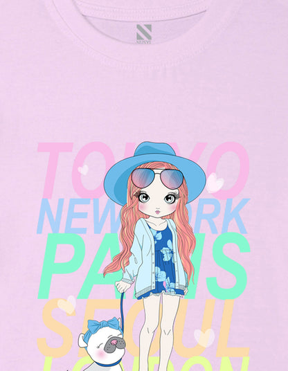 Nusyl Girl's Lilac Cute Girl With Pug Printed Cotton blend Half Sleeve Drop Shoulder Oversized T-Shirt